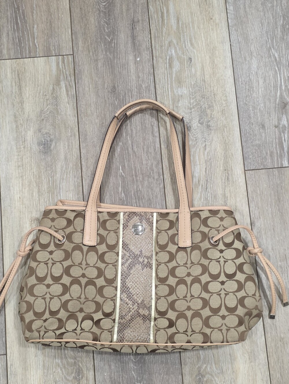 Coach Beige Signature Canvas Shoulder Bag with Snakeskin Accent